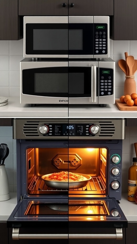 A microwave and an oven side by side in a kitchen, showcasing their different designs and uses.